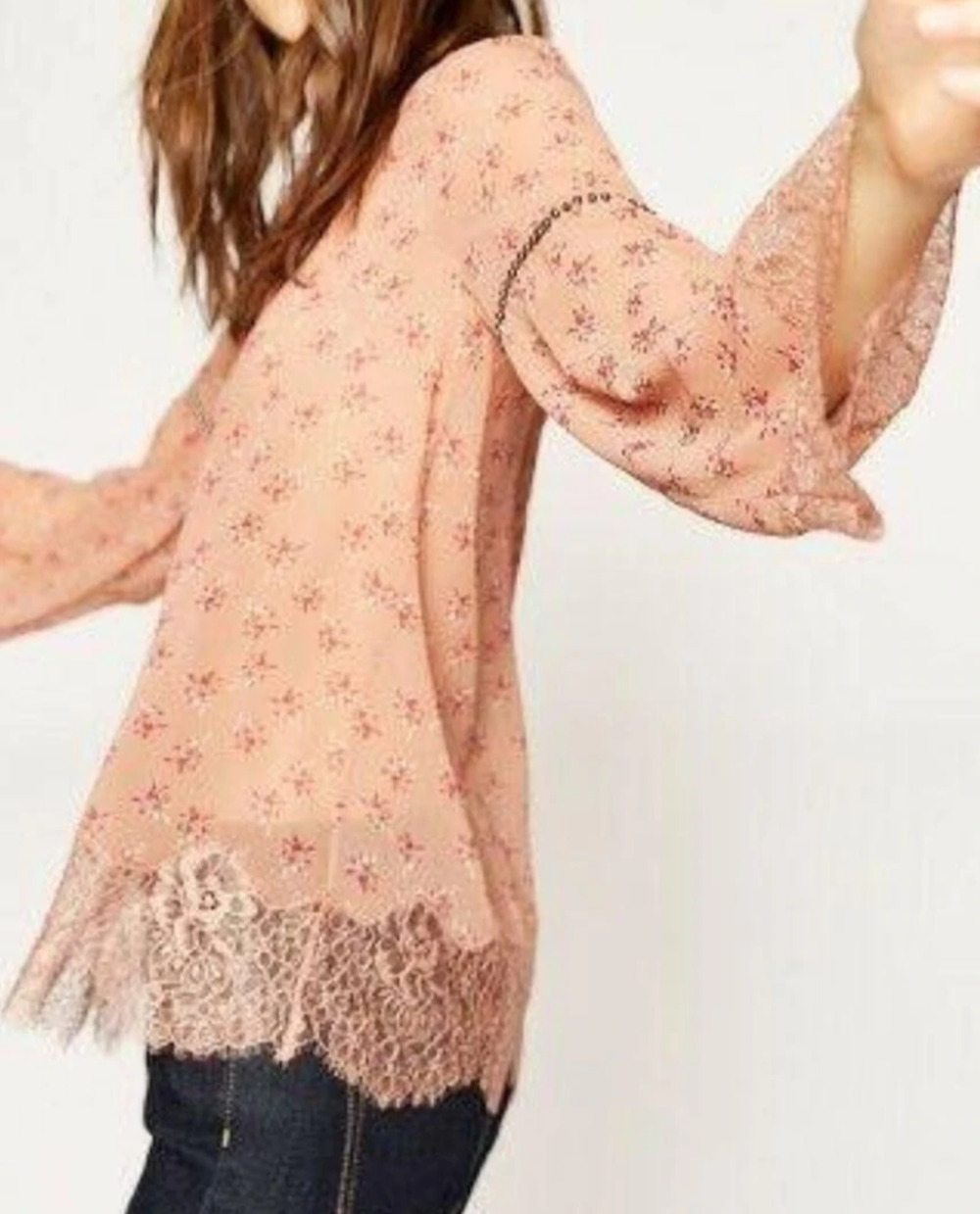 The Kooples Pink Floral Beaded Lace Bell Sleeve Boho Blouse